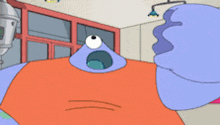 a cartoon of a boy and a green alien standing next to a brain