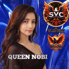 a woman named queen nobi stands in front of a svc logo