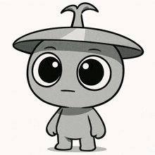 a black and white drawing of a cartoon character with big eyes
