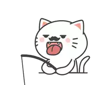 a cartoon cat with a mustache is holding a fishing rod and sticking its tongue out .