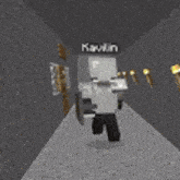 a minecraft character is walking down a hallway with a shield and torch .