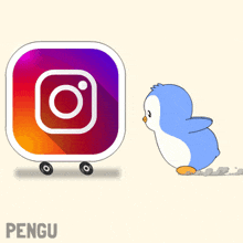 a penguin standing next to a instagram logo