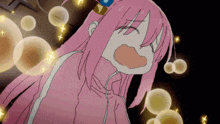 a girl with pink hair is surrounded by bubbles and sparkles