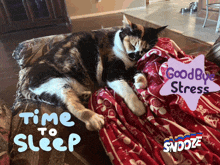 a cat laying on a couch with the words time to sleep written on the bottom