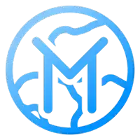 a blue and white circle with a letter m inside of it