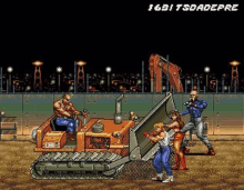 a video game scene with a man driving a bulldozer and two people standing around it .