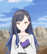 a girl with long black hair is wearing a white top and purple sleeves