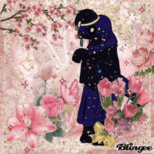 a drawing of a person surrounded by pink flowers with blingee written on the bottom