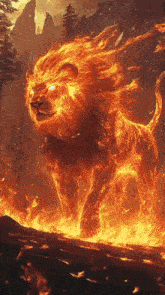 a lion covered in flames is standing on a log