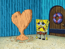 a cartoon of spongebob standing in front of a heart shaped piece of wood
