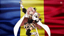 a girl with a sword stands in front of a flag with the letter x on it