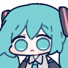 a cartoon drawing of a girl with blue hair and pink ears