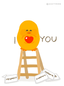 a cartoon character sitting on a stool that says " i love you " on it