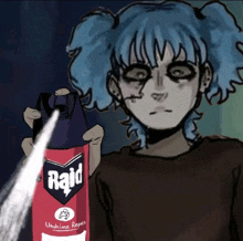 a drawing of a girl holding a bottle of raid insect repellent