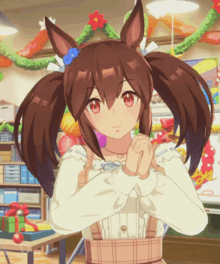 a brown haired anime girl with red eyes is standing in a room