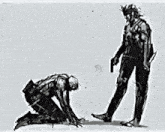 a black and white drawing of a man kneeling down