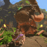 a video game screen shows a giant monster with a purple monster behind it