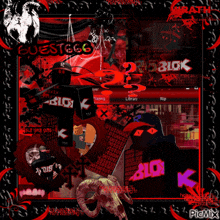 a collage of red and black with the word guest666 on it