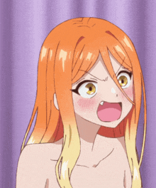 a naked anime girl with orange hair making a funny face