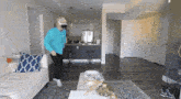a man wearing a virtual reality headset in a living room