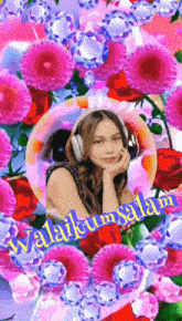 a woman wearing headphones is surrounded by flowers with the words " selamat " written in yellow