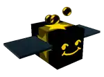 a black cube with a yellow star on top of it and a smiley face .