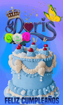 a blue birthday cake with the name doris on it