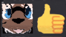 a pixel art of a face next to a yellow thumbs up