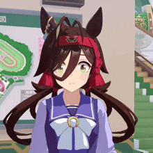 a cartoon character with a red bandana on her head stands in front of a map