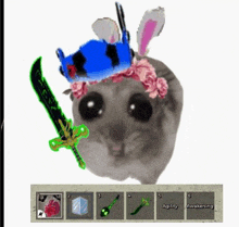 a hamster is holding a sword and wearing a bunny hat .