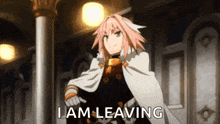 a girl with pink hair and a white cape says i am leaving .
