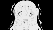 a black and white drawing of a girl with a glass of water in her mouth .