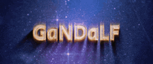 the word gandalf is written in gold letters on a blue background