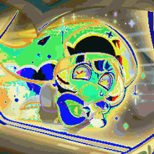 a colorful pixel art of a cartoon character with a hat