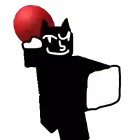 a black cat is holding a red ball on its head .