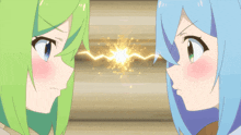 two anime girls with green hair and blue hair are facing each other and looking at each other