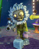 a cartoon character is holding a gun and a block of ice in a video game