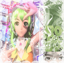a girl with green hair is surrounded by music notes and the numbers 80