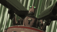 a robot with green eyes is holding a gun and has the letter l on its face