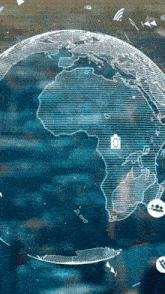 a computer generated image of a globe with various icons on it