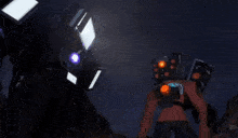a group of robots are standing next to each other and one of them has a red shirt on