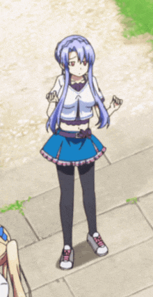 a girl with blue hair is standing on a sidewalk wearing a white shirt and a blue skirt
