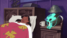 a cartoon of a woman sleeping in a bed next to a blue monster