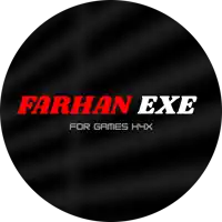 a black circle with the words farhan exe for games h4x