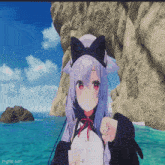 an anime girl with purple hair and cat ears is standing in front of a body of water