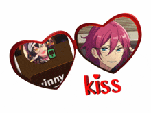 two heart shaped glasses with a picture of a girl and a boy and the words kiss on the bottom