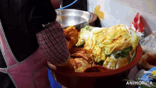 a person is mixing vegetables in a bowl that says made in animotica