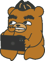 a brown teddy bear with a black hat is holding a tablet