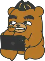 a brown teddy bear with a black hat is holding a tablet