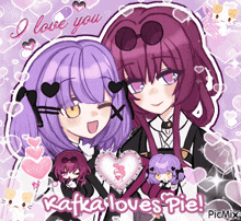 a picture of two anime girls with hearts and the words i love you